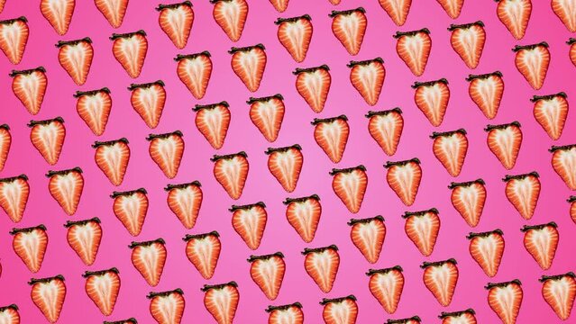 Professional motion design 4K animated pattern with Half of strawberries with green leaves wiggle and rotates on trending pink color gradient backgroundnd. 3 in 1 different sides and size animations