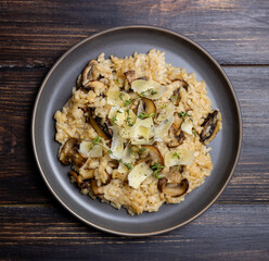 Risotto with mushrooms, cheese and thyme. Vegetarian food. Italian food.