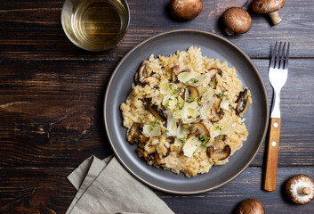 Risotto with mushrooms, cheese and thyme. Vegetarian food. Italian food.