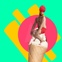 Contemporary art collage with man jumping into ice cream cone with delicious fruity flavored cream taste isolated over abstract background.