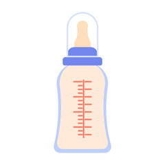 Baby bottle for feeding with pacifier, cap and measuring scale. Milk, Nutrition for newborn. Milk mixture for baby. For children's goods store. Products for children. Vector illustration