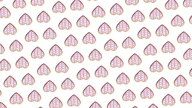 Motion graphics pattern with many beautiful hearts shaped decorated with confiture and icing that wiggle,circular rotation on a white color background. 3 in 1 different sides and size animations for 1