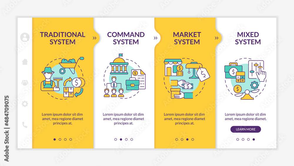 Poster economic system types yellow onboarding template. production and distribution. responsive mobile web