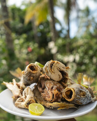 pescado frito, Boston, comida tradicional de la costa colombiana, comida deliciosa, en platos blancos con fondos de madera. fideos a la pescadora, todo sobre la costa.