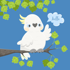 The cockatoo sits on a branch. Bird in the natural environment. Vector cartoon parrot.