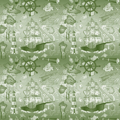 Marine nautical doodle seamless pattern. Cartoon grunge style vector illustration.