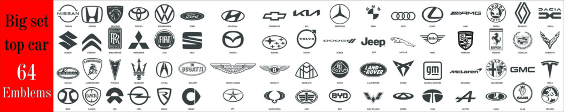 New emblem - Peugeot, Renault, Nissan, BMW, Kia, Dacia. New design. Big Set of popular logos of cars brands: Audi, Mercedes, BMW, Aston Martin, Rolls Royce, Porsche, Ferrari, McLaren, Maserati, Maybac
