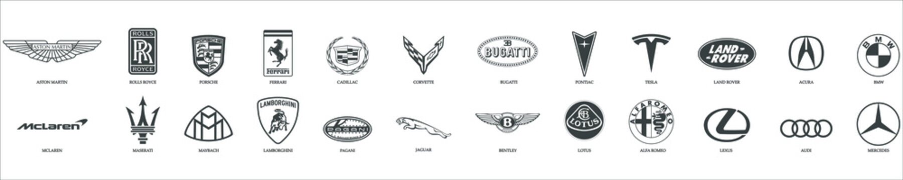 Big Set of popular logos of cars brands: Audi, Mercedes, BMW, Aston Martin, Rolls Royce, Porsche, Ferrari, McLaren, Maserati, Maybach, Lamborghini, Cadillac, Corvette, Bugatti, Pontiac, Pagani, Jaguar