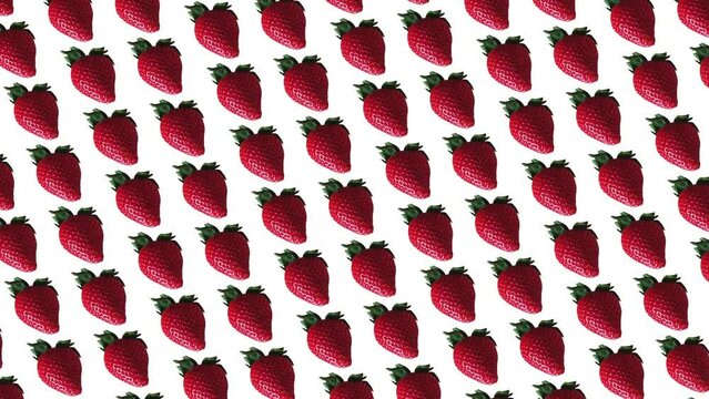 Motion graphics pattern with many Ripe Strawberry  with green leaves that wiggle and rotation on a white color background. 3 in 1 different sides and size animations for 10 sec.  Summer raw fruits 