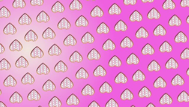 A nice colorful  3 in 1 animation: a different sides and size animations for 10 sec pattern made of hearts shaped decorated with confiture and icing, on trending purple multi colored animated backgrou