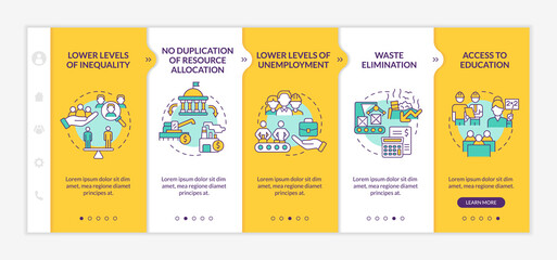 Centrally planned economic system advantages yellow onboarding template. Responsive mobile website with linear concept icons. Web page walkthrough 5 step screens. Lato-Bold, Regular fonts used