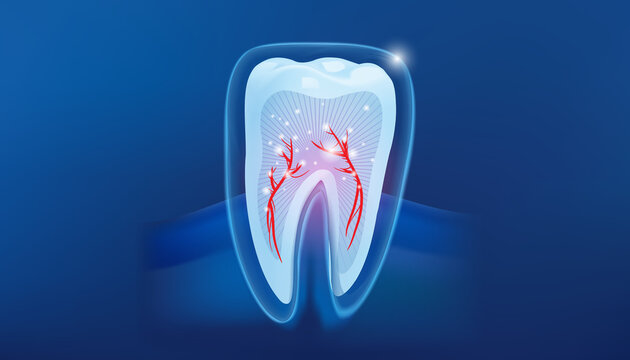 Digital illustration of Healthy tooth abstract treatment concept on blue background .