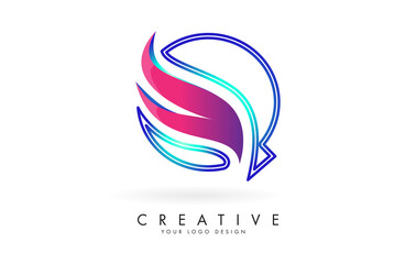 Outline Vector illustration of abstract letter Q with colorful flames and gradient Swoosh design. Letter Q logo with creative cut and shape.