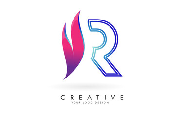 Outline Vector illustration of abstract letter R with colorful flames and gradient Swoosh design. Letter R logo with creative cut and shape.
