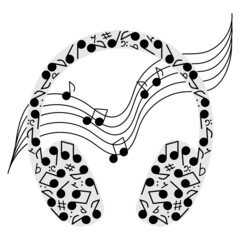 Headphones and sheet music hand drawn vector illustrations