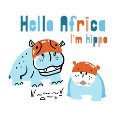 Rhino in Scandinavian style. Hello Africa. Lettering for printing. Cute character on white background. Vector illustration of African animals.