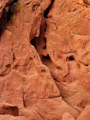 Abstract patterns caused by erosion and glaciers over millions of years on the red sandstone rocky cliffs near Colorado Springs
