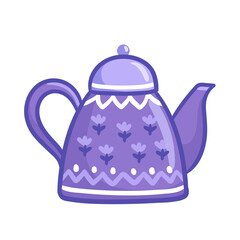 Beautiful blue teapot in a cartoon style. Vector illustration with purple teapot.