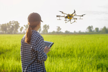 Young smart farmer controlling drone spraying fertilizer and pesticide over farmland,High...