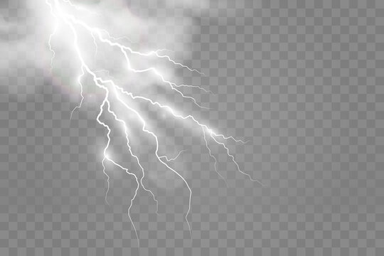 Vector image of realistic lightning. Flash of thunder on a transparent background.	