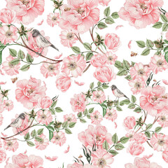 Beautiful watercolor seamless pattern with rose hip flowers and leaves. Illustration.