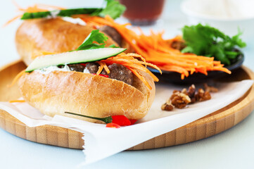 Homemade hotdogs with beef meatballs with vegetables. Close up.