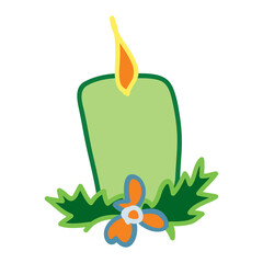 Green candle decoration in doodle style. Vector element.
