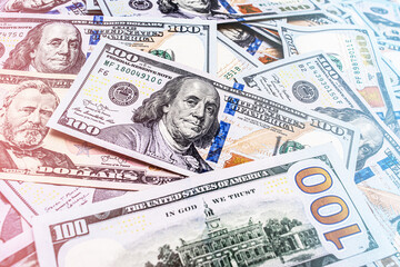 Lots of paper banknotes American currency dollars. Background, money.
