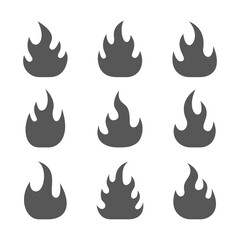 Fire flames silhouettes set. Bonfire black elements collection. Vector isolated on white background.	