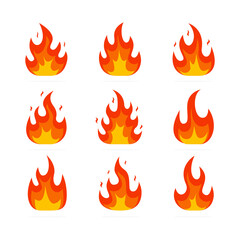Fire flames set. Bonfire color elements collection. Vector isolated on white background.