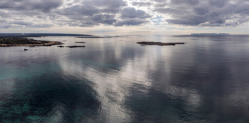 islet of Na Guardis with the Cabrera archipelago in the background, Colònia de Sant Jordi, ses Salines, Mallorca, Balearic Islands, Spain