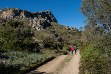 Obraz premium two hikers walking along the Assarell path, Pollença, Mallorca, Balearic Islands, Spain