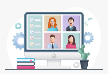 Online Meeting, Virtual Conference Video call, Briefing, Teamwork Concept with 3d shapes, chat box, cog, infographic on blue background. Plasticine effect. 3d Vector Illustration