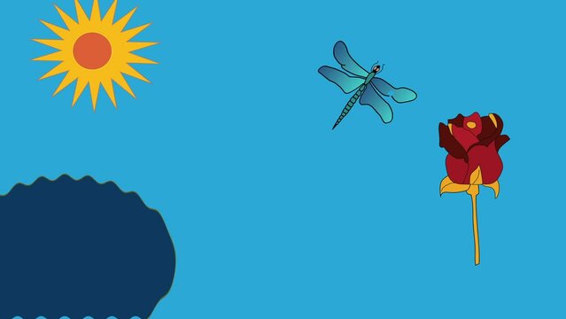 Animation of dragonfly flying from little pond to rose flower. 