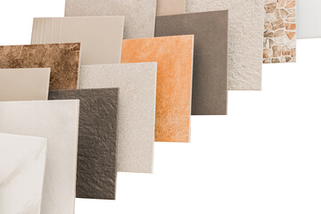 Colored samples of ceramic tiles for kitchen or bathroom interior material design of house, floor, porcelain stoneware