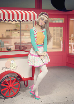 A 3d digital render of a cute young girl wearing ice cream themed clothes in front of an ice cream parlor.