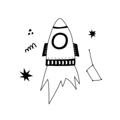 Cartoon rockets poster with abstract shapes in hand drawn style. Outline hand drawing. Perfect for t-shirt, apparel, cards, poster, nursery decoration. Isolated on white background vector illustration