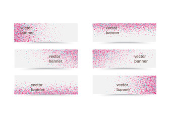 Set of six banners with pink and blue glitter confetti. Vector flyer design templates for wedding, invitation cards, save the date, business brochure design, certificates.