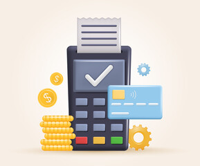 Concept of payment processing. Financial transactions, bank card, terminal for buying process, coins. 3d vector illustration. Plasticine effect. 