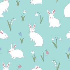 Seamless vecor pattern with white hare or rabbit and flowers on a blue background. 