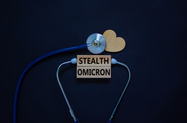 New Covid-19 stealth omicron variant strain symbol. White card, words Stealth Omicron, stethoscope,...