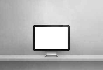 Computer pc on grey shelf banner