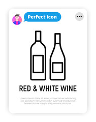 Bottles with red and white wine thin line icon. Modern vector illustration.