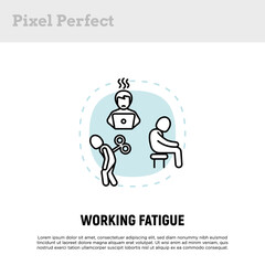 Burnout concept with thin line icons, working fatigue, overworked man. Professional crisis, low activity. Vector illustration.