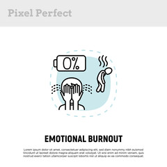 Emotional burnout concept with thin line icons, working fatigue, crying man, low battery. Depression, professional crisis, low activity. Vector illustration.