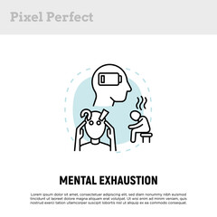 Mental exhaustion concept with thin line icons, working fatigue, frustrated man, low battery. Depression, professional crisis, low activity. Vector illustration.