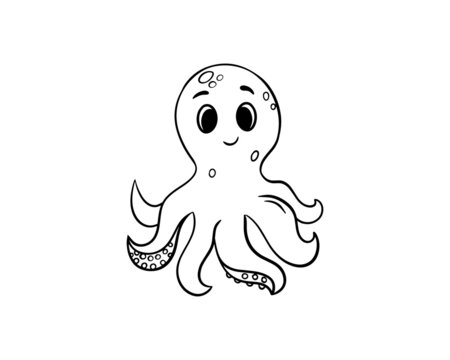 Cute cartoon octopus drawn with a black outline. Children's coloring book. Vector illustration