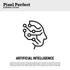 Artificial intelligence thin line icon. Deep learning. Human face with processor. Machine learning. Pixel perfect, editable stroke. Vector illustration.
