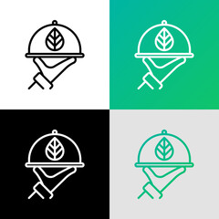 Vegan restaurant thin line icon. Cloche with leaf in waiter´s hand. Raw cafe. Vector illustration.
