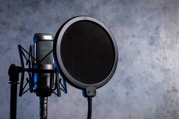 Micrófono profesional y filtro anti pop en posición de grabación. Equipamiento para cantantes y artistas - obrazy, fototapety, plakaty